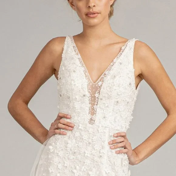 Rhinestone Embellished Mesh Mermaid Dress w/ 3-D Flower and Detached Layer G3011